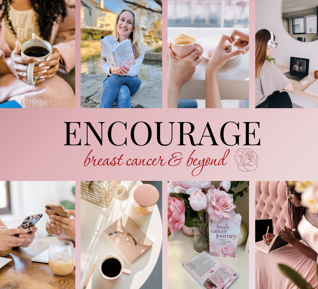 Series of images including author with book. Text reads Encourage breast cancer nad beyond