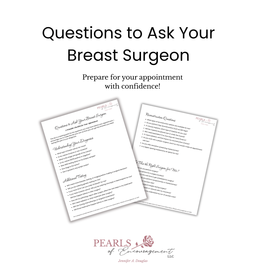Graphic with two sheets of paper and text that reads questions to ask your breast surgeon